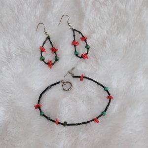 Black orange and blue beated earrings and bracelet